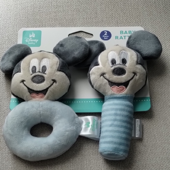 Disney | Toys | Disney Baby Mickey Mouse Plush Rattle Set Gray And Blue ...